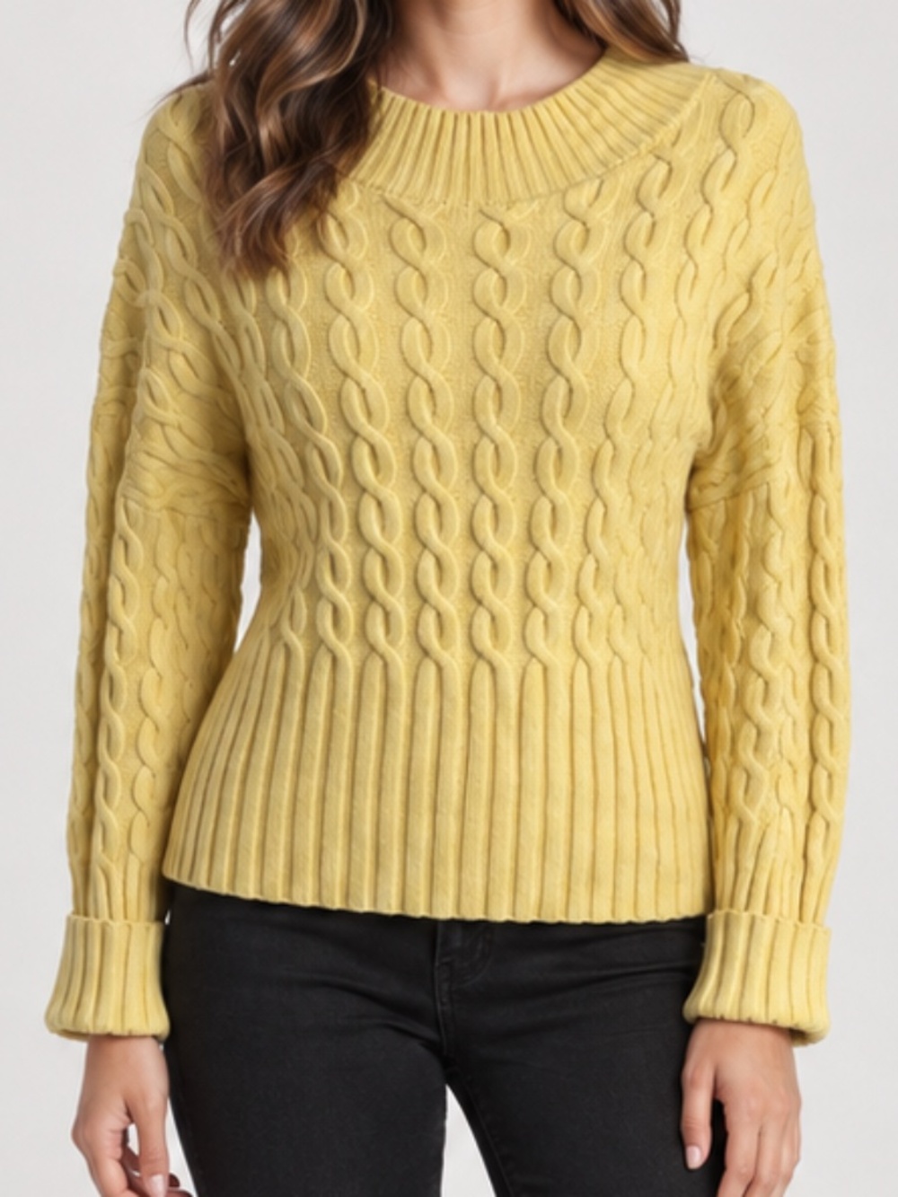 Philosophy Republic Lemon Yellow Butter Soft Crew Neck Cable Knit Sweater Medium